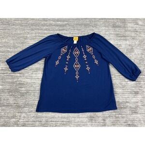 Ruby Rd Top Womens Medium Blue Embroidered Polyester Blend Off Shoulder Aztec